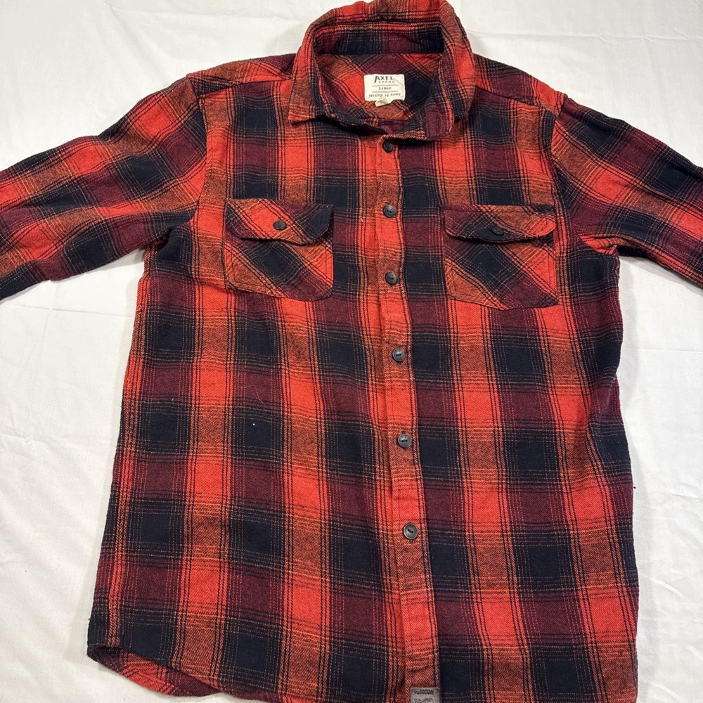 FLANNEL SHIRT MEN's LARGE Axel‎ Brand red/black plaid flap pockets CABINCORE